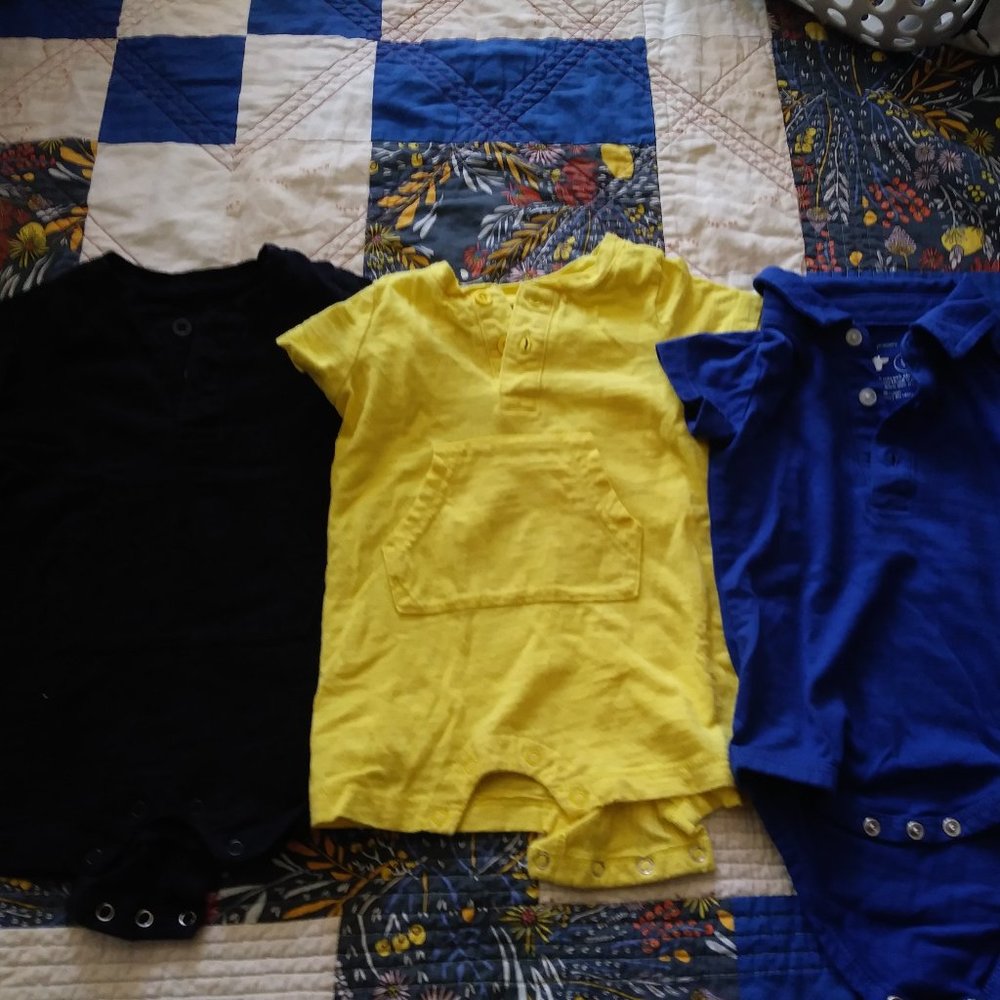 3 Primary short-sleeve rompers (henley, polo)